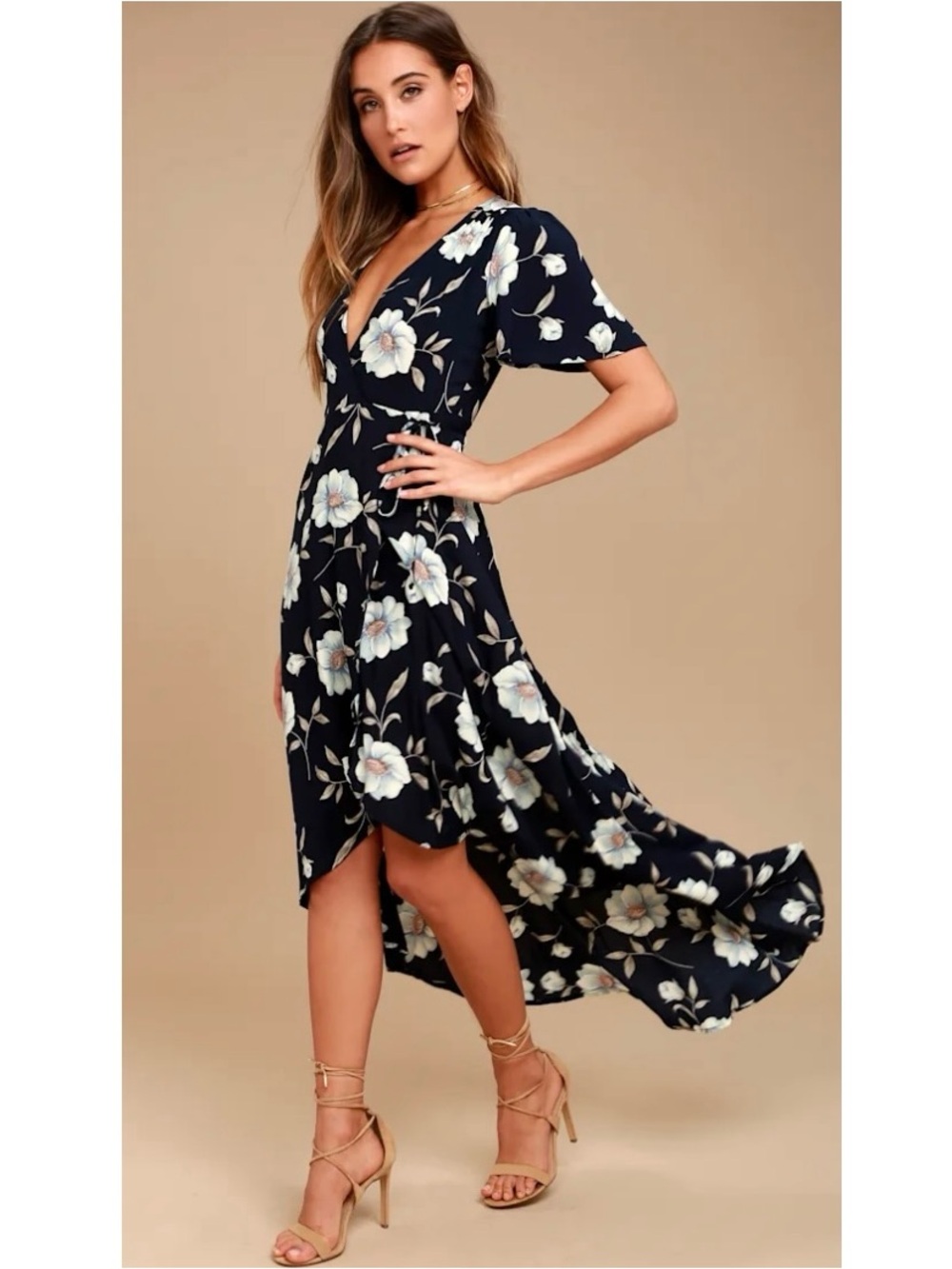 Lulus Lake Como Navy Floral Wrap Dress New  Medium